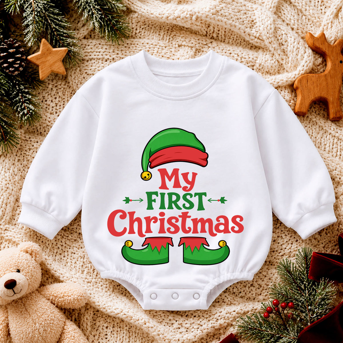 My First Christmas Baby Romper, Cute Elf Holiday Outfit, Christmas Romper, Toddler Xmas Gift, Baby 1st Christmas Keepsake — product view 4