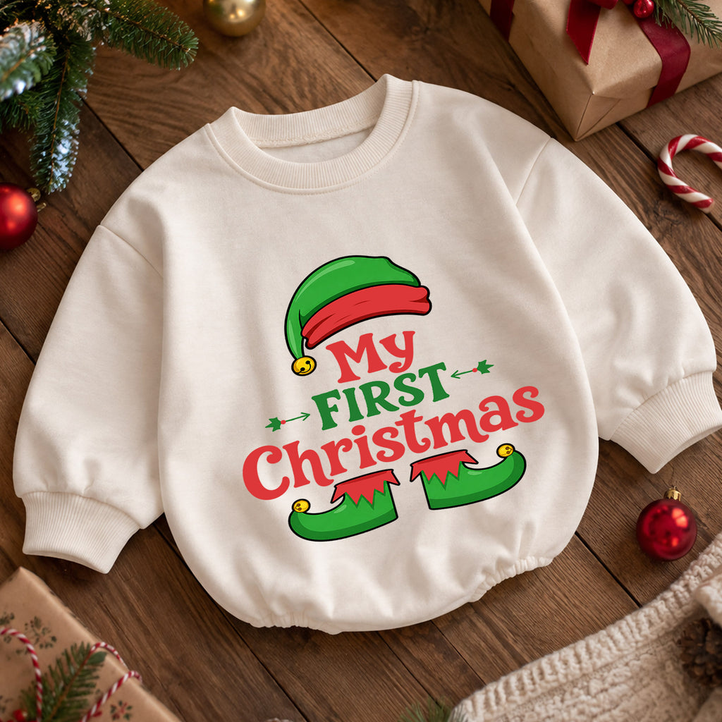 My First Christmas Baby Romper, Cute Elf Holiday Outfit, Christmas Romper, Toddler Xmas Gift, Baby 1st Christmas Keepsake — product view 5