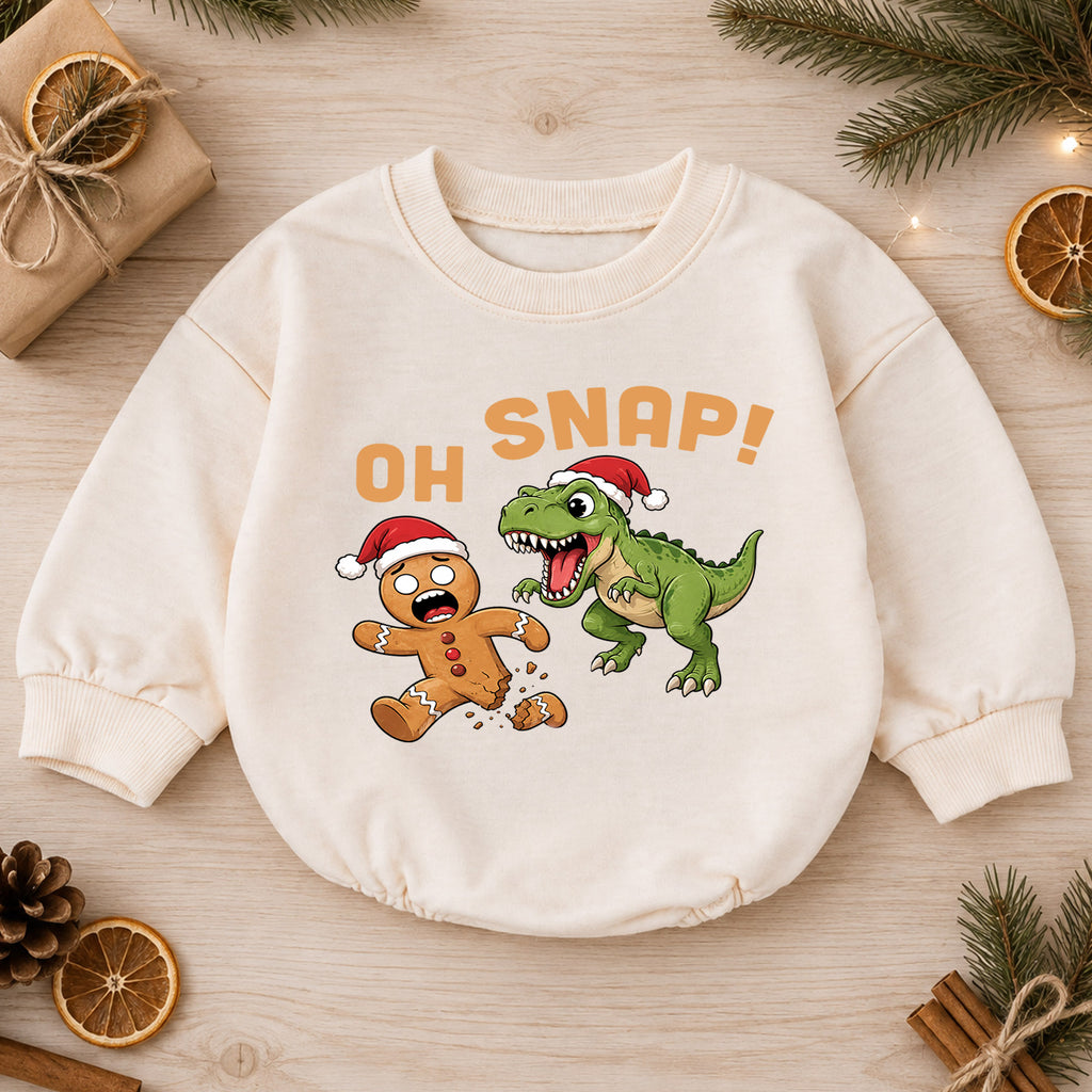 Oh Snap Dinosaur Christmas Baby Romper, Gingerbread T Rex Holiday Outfit, Funny Toddler Christmas Clothes, Xmas Gift — product view 1
