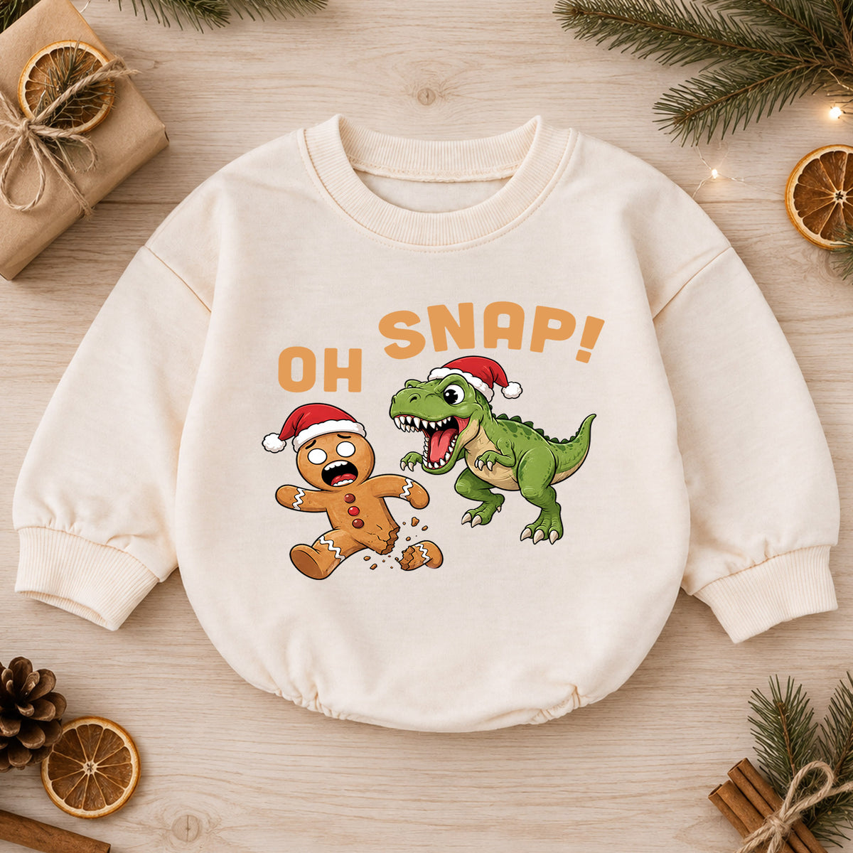 Oh Snap Dinosaur Christmas Baby Romper, Gingerbread T Rex Holiday Outfit, Funny Toddler Christmas Clothes, Xmas Gift — product view 1