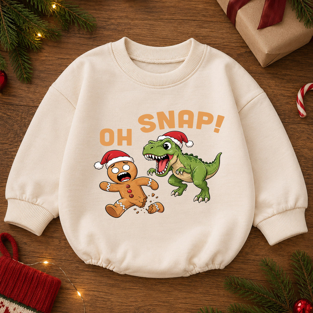 Oh Snap Dinosaur Christmas Baby Romper, Gingerbread T Rex Holiday Outfit, Funny Toddler Christmas Clothes, Xmas Gift — product view 2