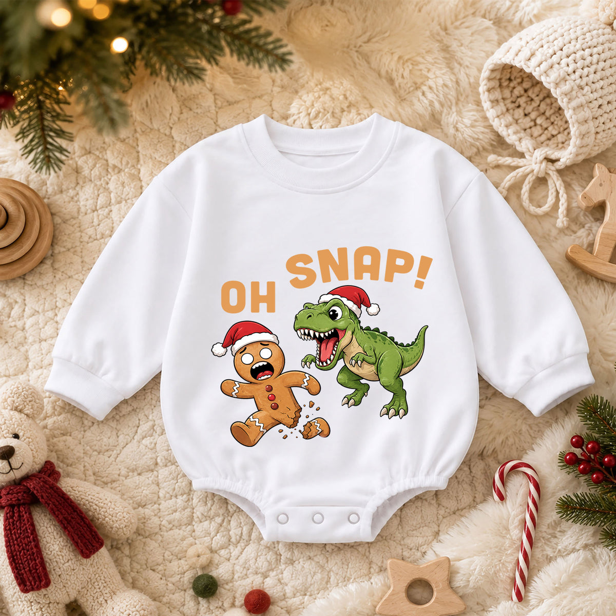 Oh Snap Dinosaur Christmas Baby Romper, Gingerbread T Rex Holiday Outfit, Funny Toddler Christmas Clothes, Xmas Gift — product view 3