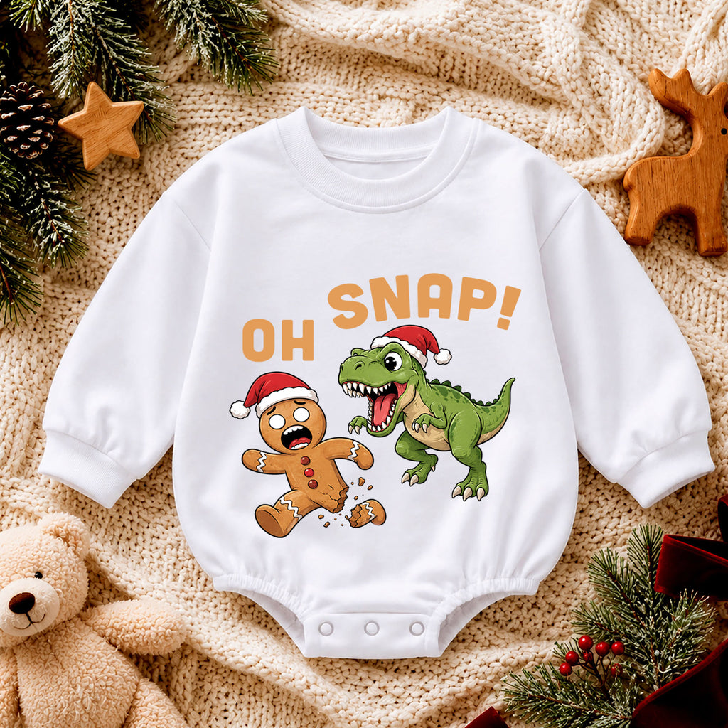 Oh Snap Dinosaur Christmas Baby Romper, Gingerbread T Rex Holiday Outfit, Funny Toddler Christmas Clothes, Xmas Gift — product view 4