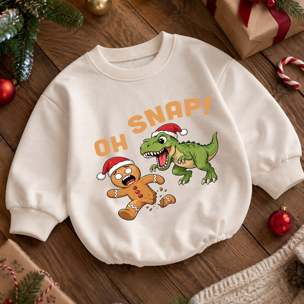 Oh Snap Dinosaur Christmas Baby Romper, Gingerbread T Rex Holiday Outfit, Funny Toddler Christmas Clothes, Xmas Gift — product view 5