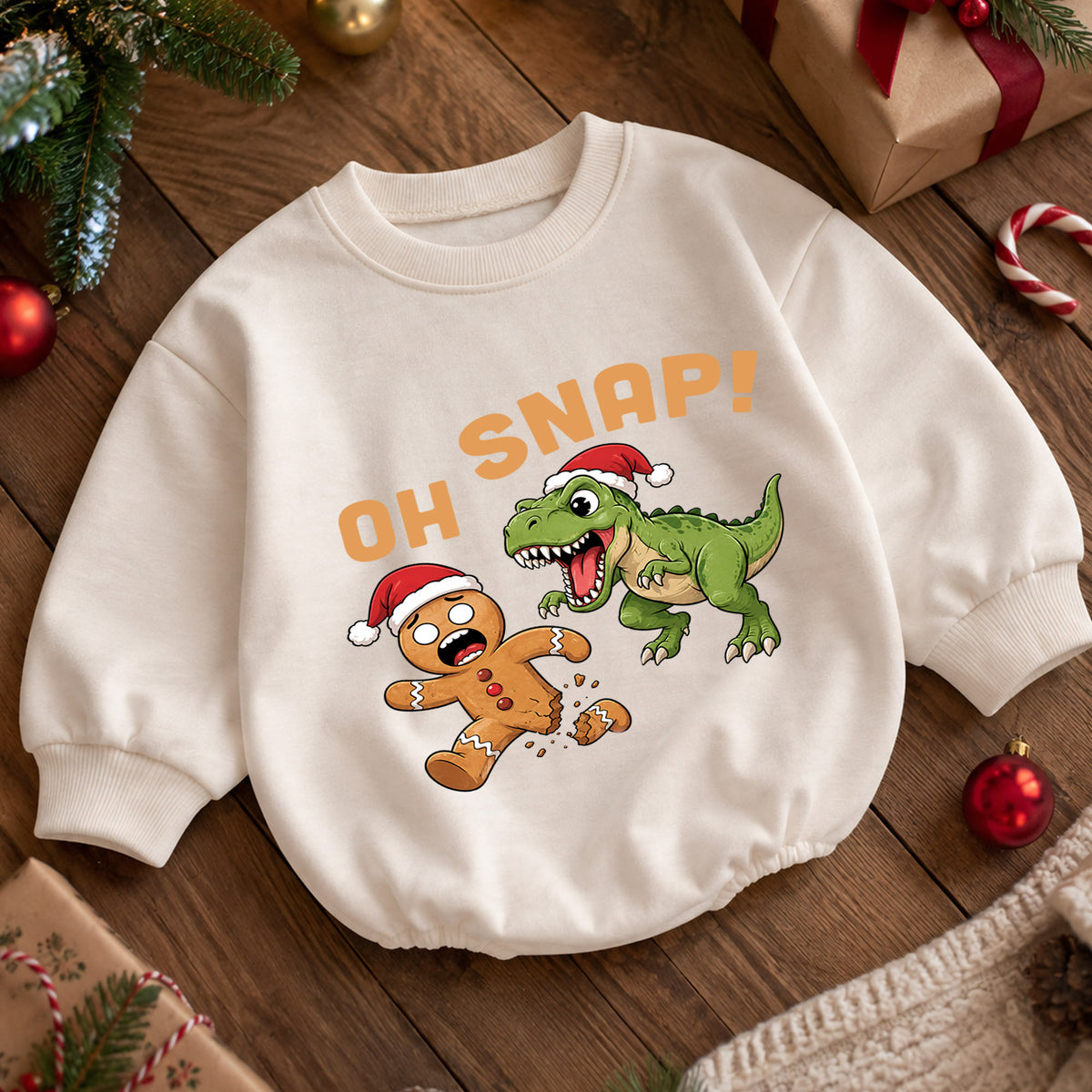 Oh Snap Dinosaur Christmas Baby Romper, Gingerbread T Rex Holiday Outfit, Funny Toddler Christmas Clothes, Xmas Gift — product view 5