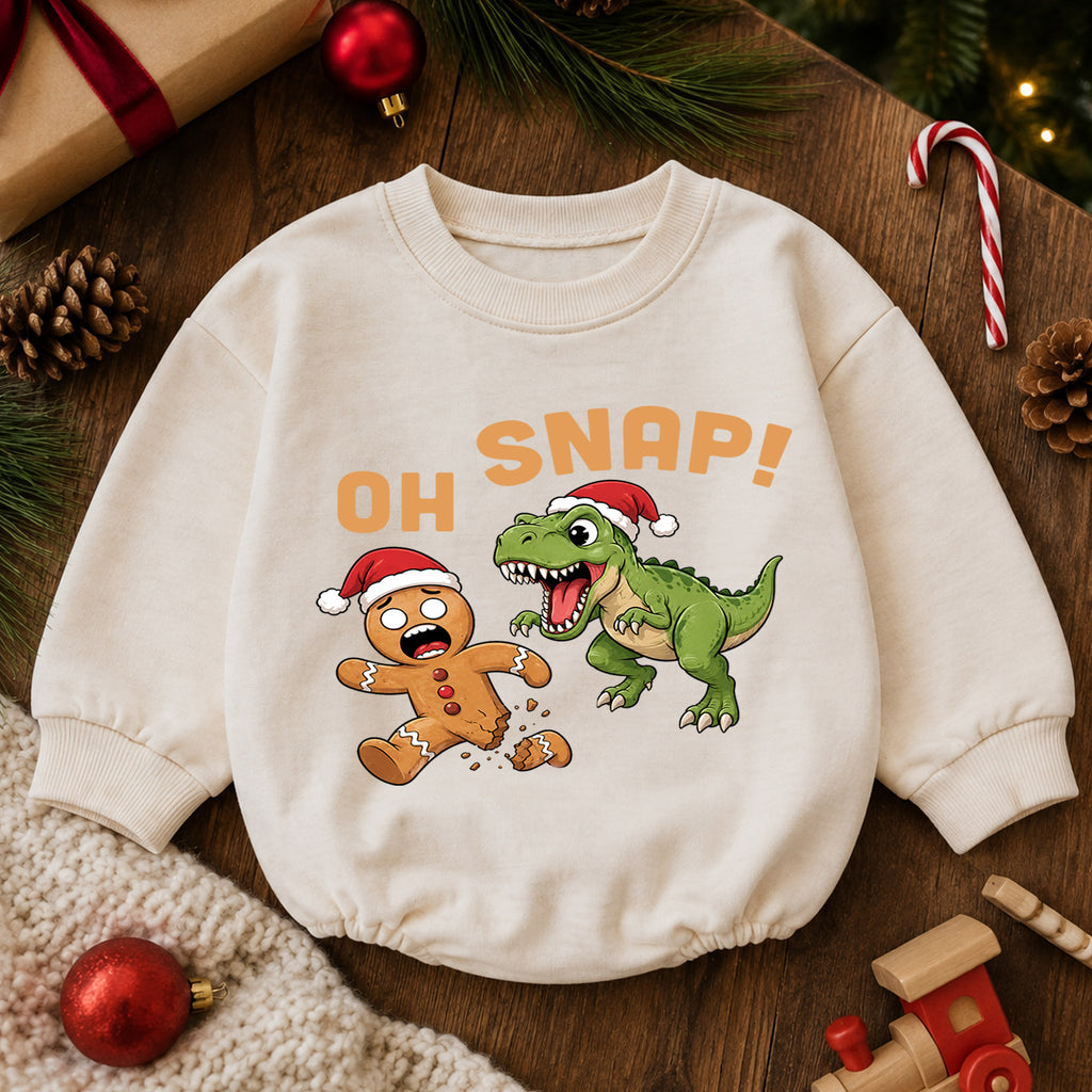 Oh Snap Dinosaur Christmas Baby Romper, Gingerbread T Rex Holiday Outfit, Funny Toddler Christmas Clothes, Xmas Gift — product view 6