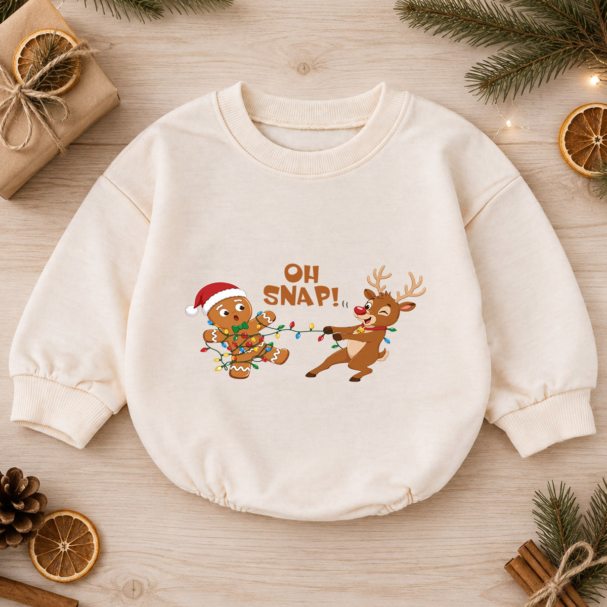 Oh Snap Reindeer Christmas Baby Romper, Gingerbread Holiday Outfit, Funny Toddler Xmas Clothes, Christmas Baby Gift — product view 1