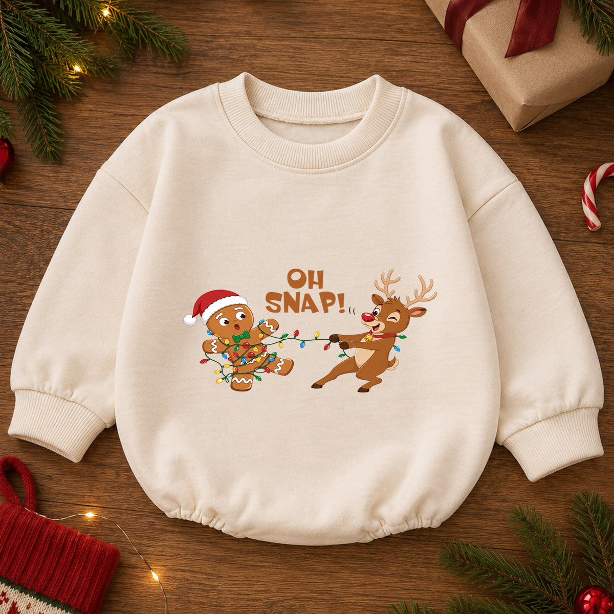 Oh Snap Reindeer Christmas Baby Romper, Gingerbread Holiday Outfit, Funny Toddler Xmas Clothes, Christmas Baby Gift — product view 2