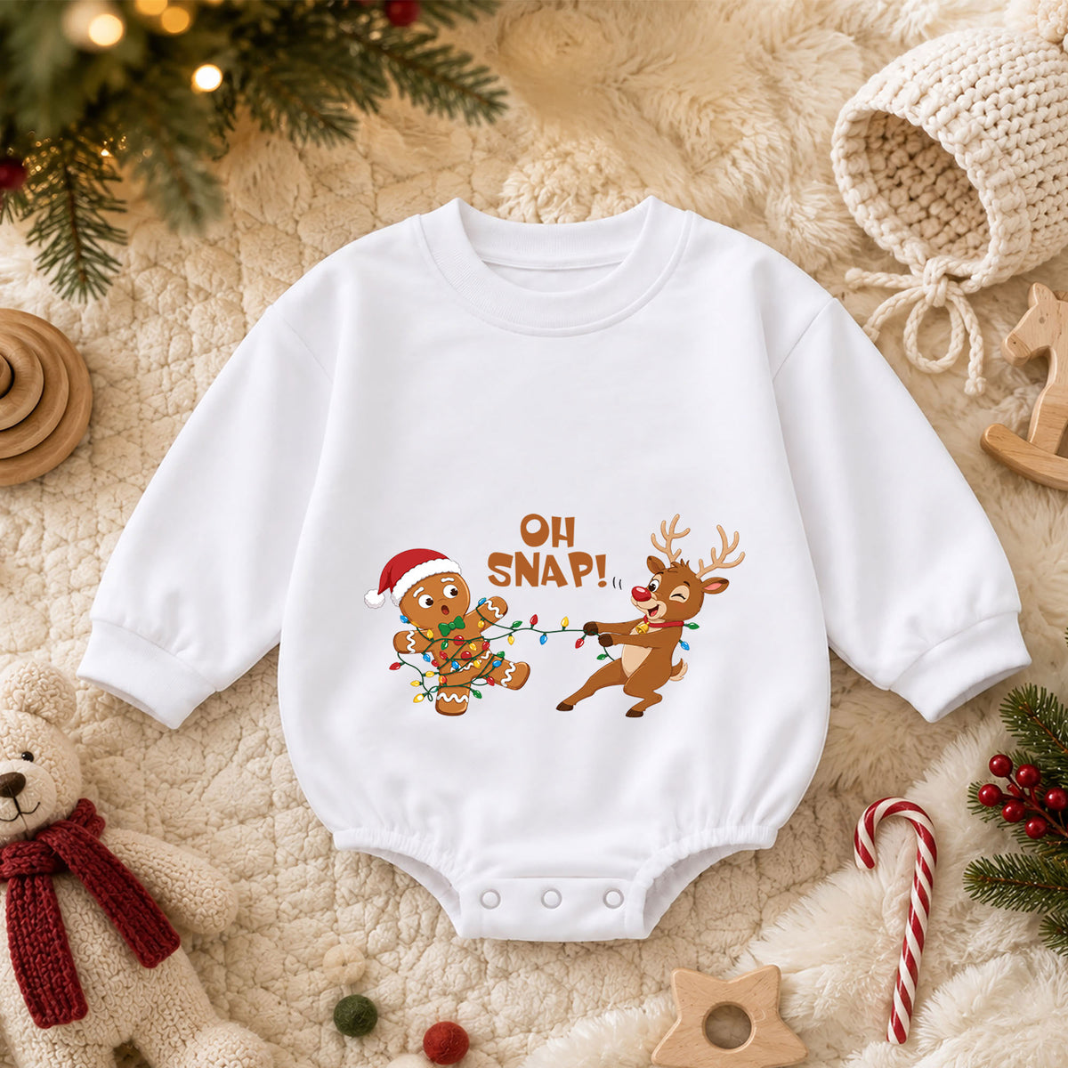 Oh Snap Reindeer Christmas Baby Romper, Gingerbread Holiday Outfit, Funny Toddler Xmas Clothes, Christmas Baby Gift — product view 3