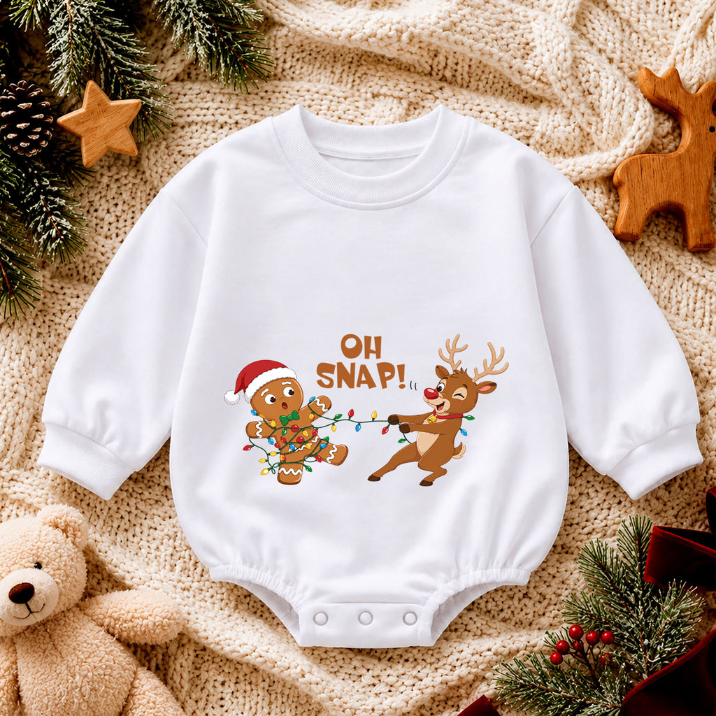 Oh Snap Reindeer Christmas Baby Romper, Gingerbread Holiday Outfit, Funny Toddler Xmas Clothes, Christmas Baby Gift — product view 4