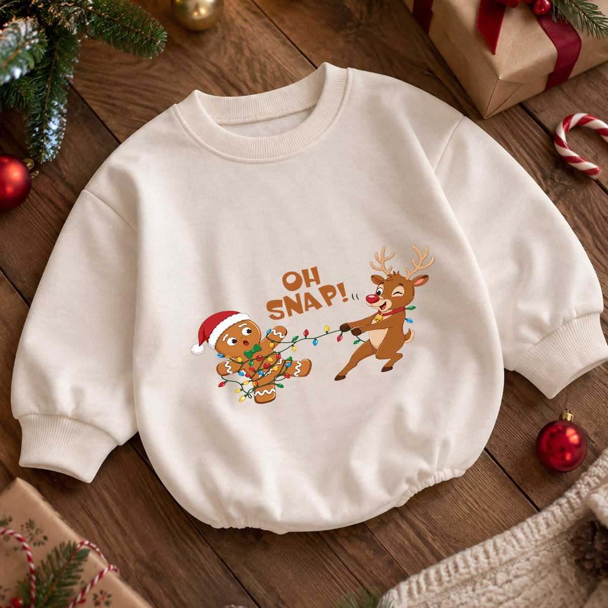 Oh Snap Reindeer Christmas Baby Romper, Gingerbread Holiday Outfit, Funny Toddler Xmas Clothes, Christmas Baby Gift — product view 5