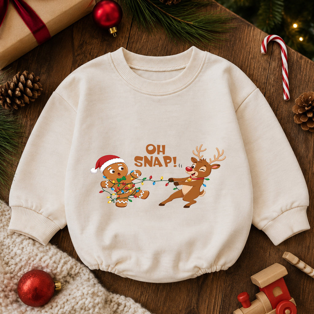 Oh Snap Reindeer Christmas Baby Romper, Gingerbread Holiday Outfit, Funny Toddler Xmas Clothes, Christmas Baby Gift — product view 6