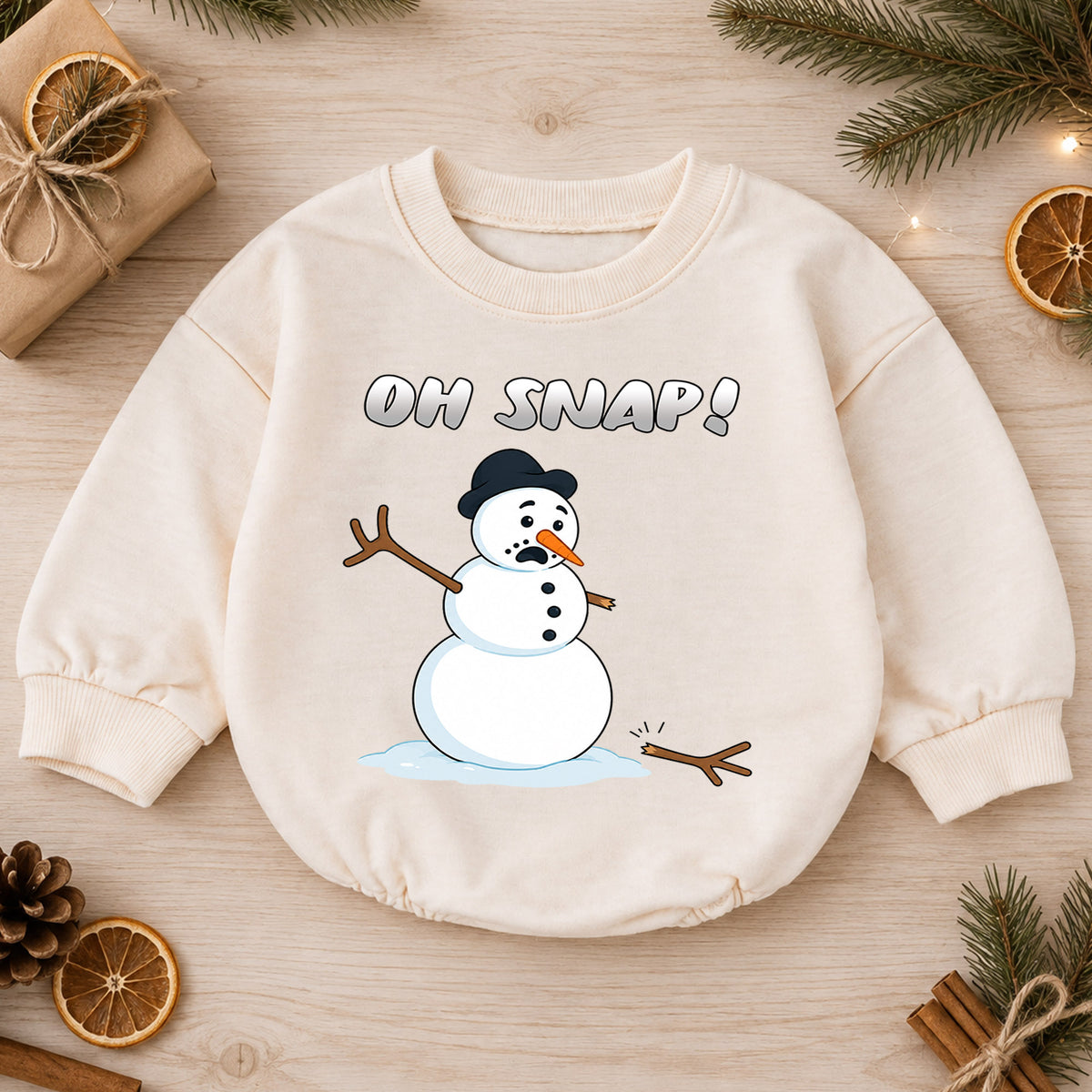 Oh Snap Snowman Christmas Baby Romper, Funny Winter Holiday Outfit, Cute Toddler Christmas Clothes, Xmas Baby Gift — product view 1