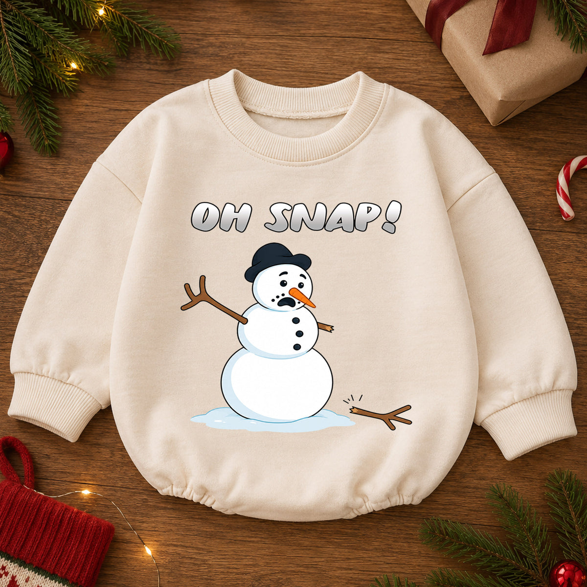 Oh Snap Snowman Christmas Baby Romper, Funny Winter Holiday Outfit, Cute Toddler Christmas Clothes, Xmas Baby Gift — product view 2