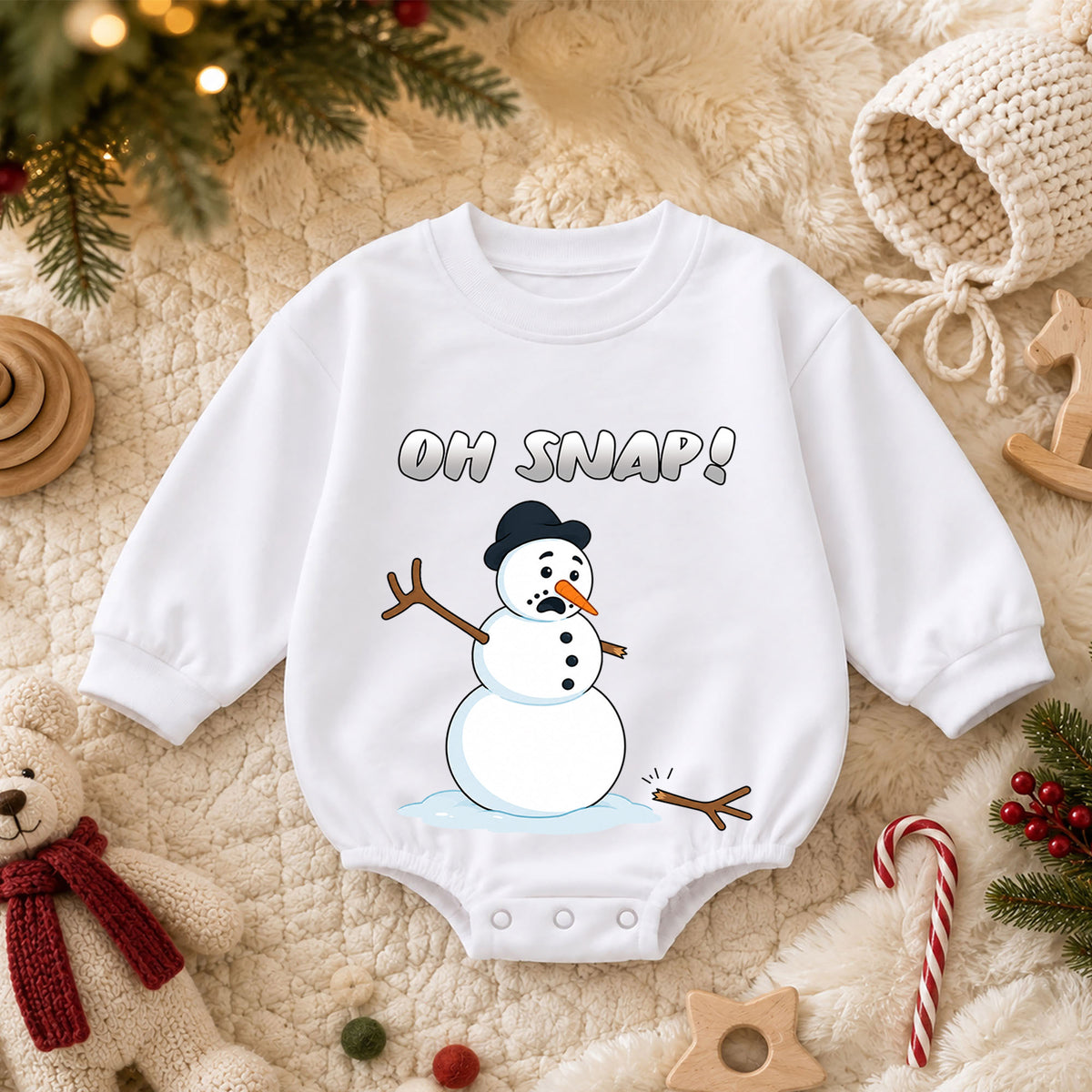 Oh Snap Snowman Christmas Baby Romper, Funny Winter Holiday Outfit, Cute Toddler Christmas Clothes, Xmas Baby Gift — product view 3