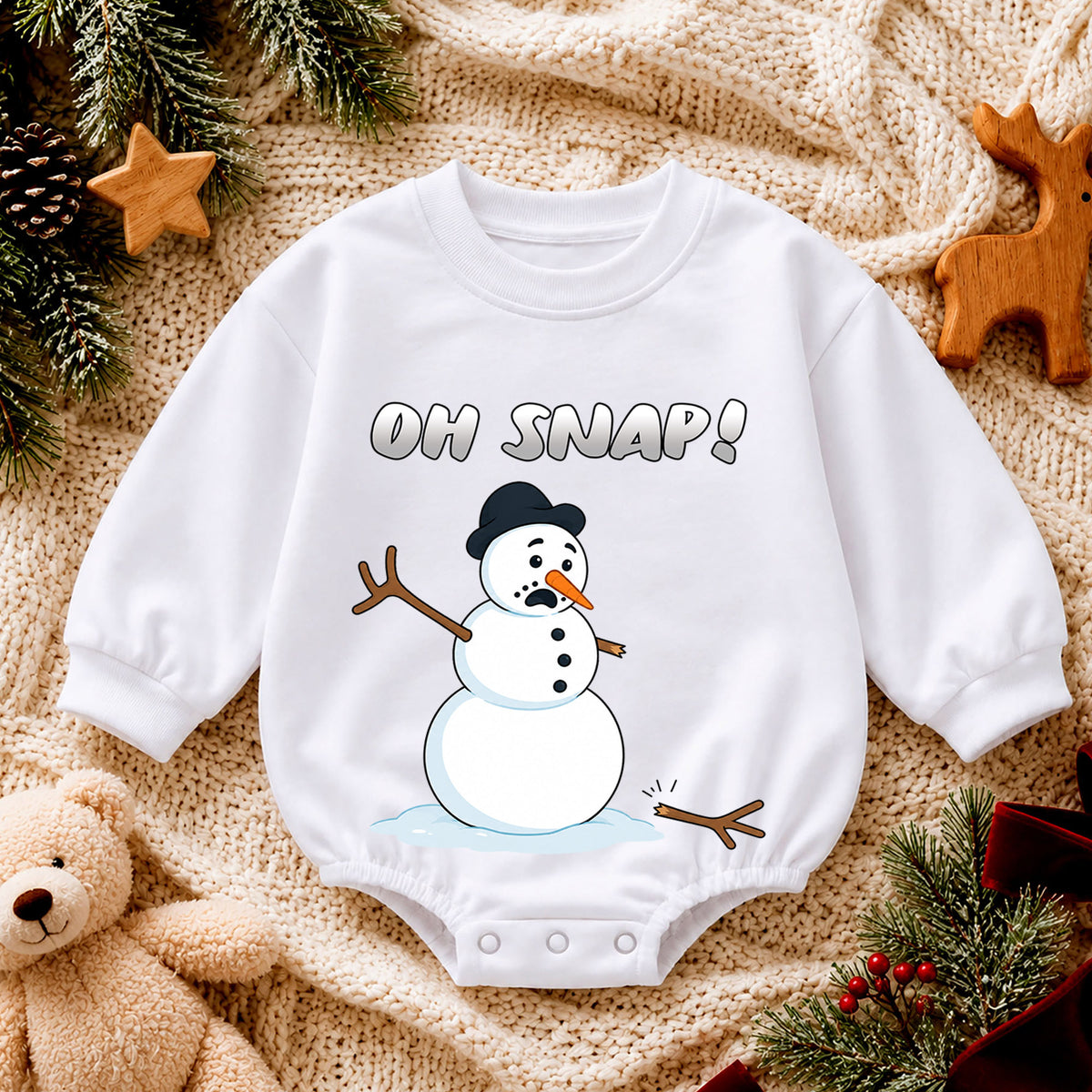 Oh Snap Snowman Christmas Baby Romper, Funny Winter Holiday Outfit, Cute Toddler Christmas Clothes, Xmas Baby Gift — product view 4