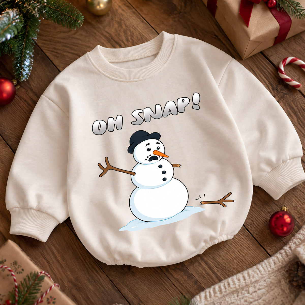 Oh Snap Snowman Christmas Baby Romper, Funny Winter Holiday Outfit, Cute Toddler Christmas Clothes, Xmas Baby Gift — product view 5