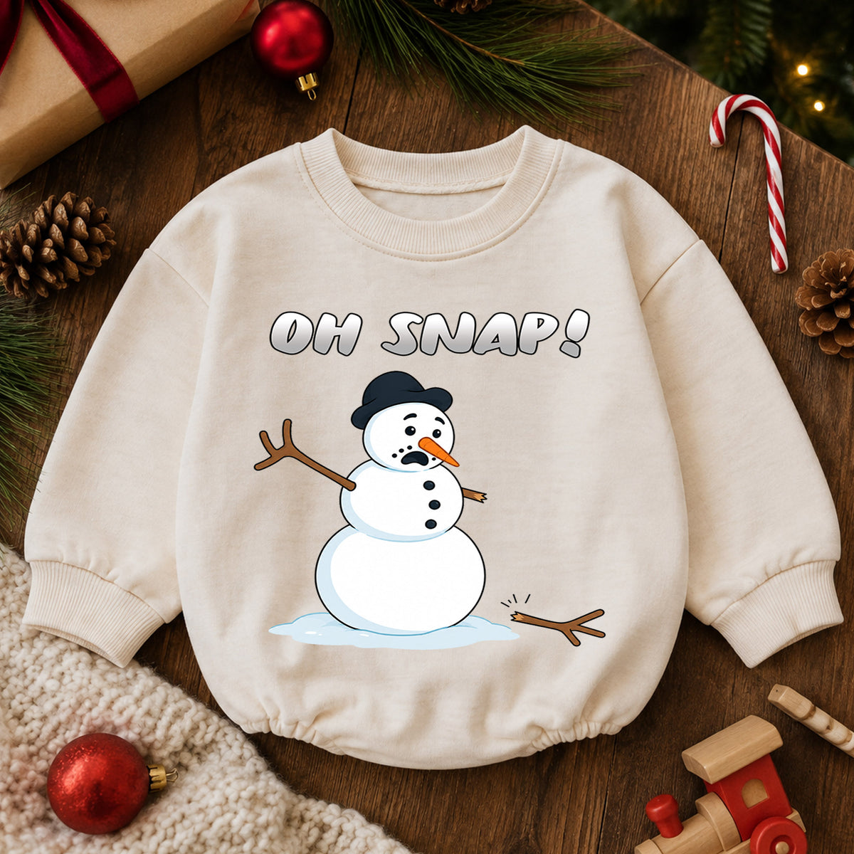 Oh Snap Snowman Christmas Baby Romper, Funny Winter Holiday Outfit, Cute Toddler Christmas Clothes, Xmas Baby Gift — product view 6