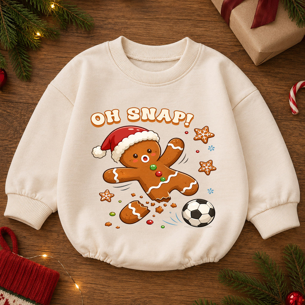 Oh Snap Soccer Christmas Baby Romper, Gingerbread Football Holiday Outfit, Funny Toddler Xmas Clothes, Christmas Gift — product view 2