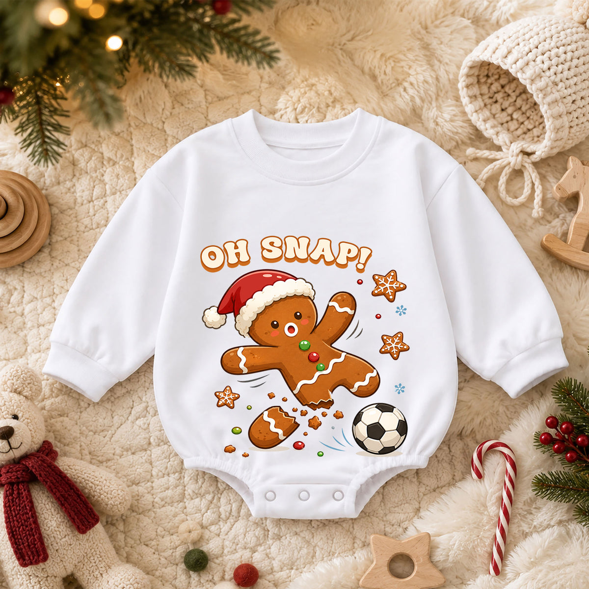 Oh Snap Soccer Christmas Baby Romper, Gingerbread Football Holiday Outfit, Funny Toddler Xmas Clothes, Christmas Gift — product view 3