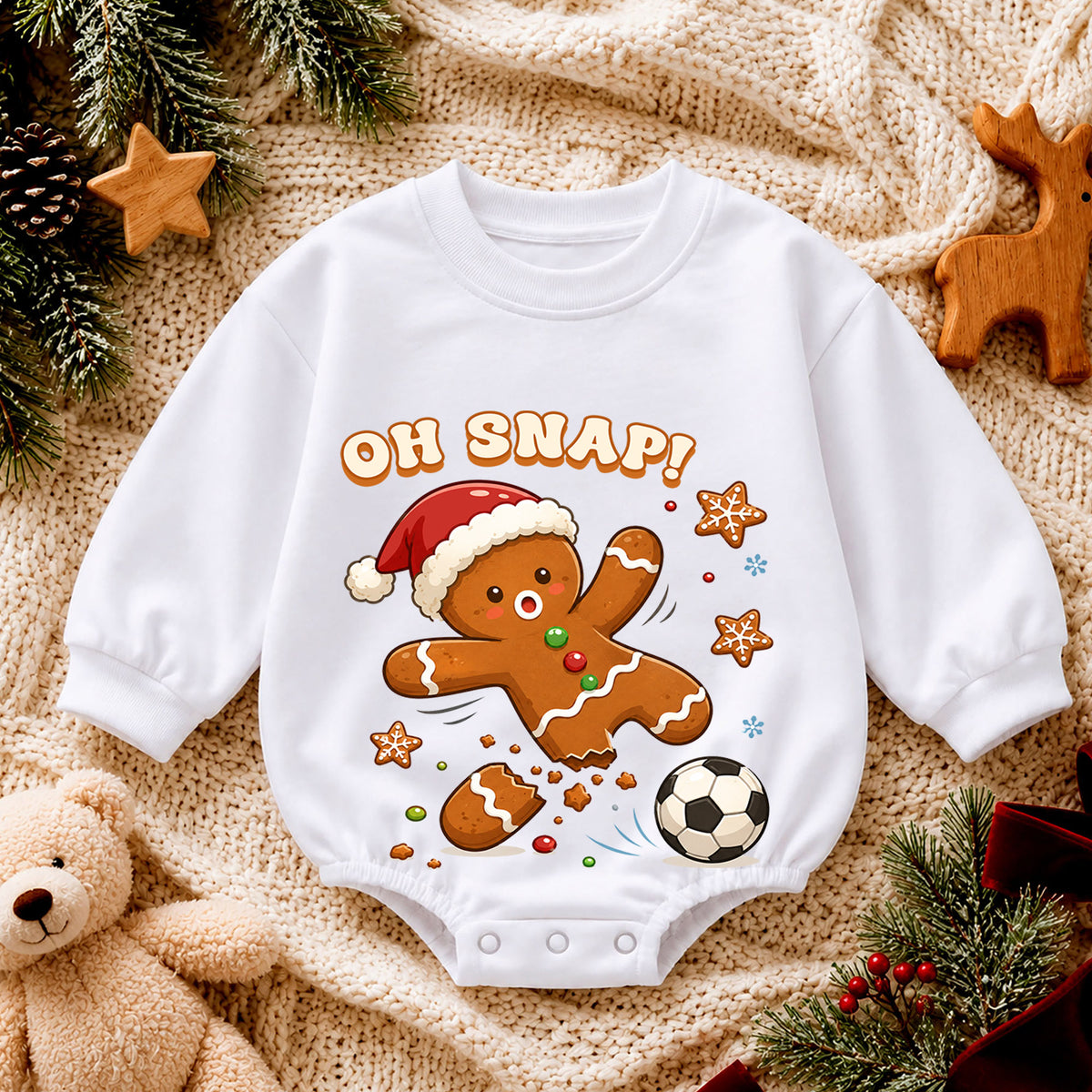 Oh Snap Soccer Christmas Baby Romper, Gingerbread Football Holiday Outfit, Funny Toddler Xmas Clothes, Christmas Gift — product view 4