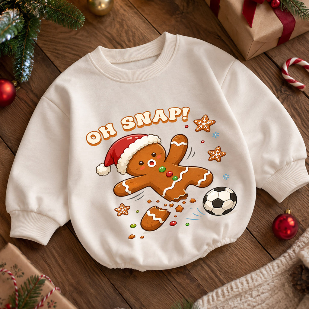 Oh Snap Soccer Christmas Baby Romper, Gingerbread Football Holiday Outfit, Funny Toddler Xmas Clothes, Christmas Gift — product view 5