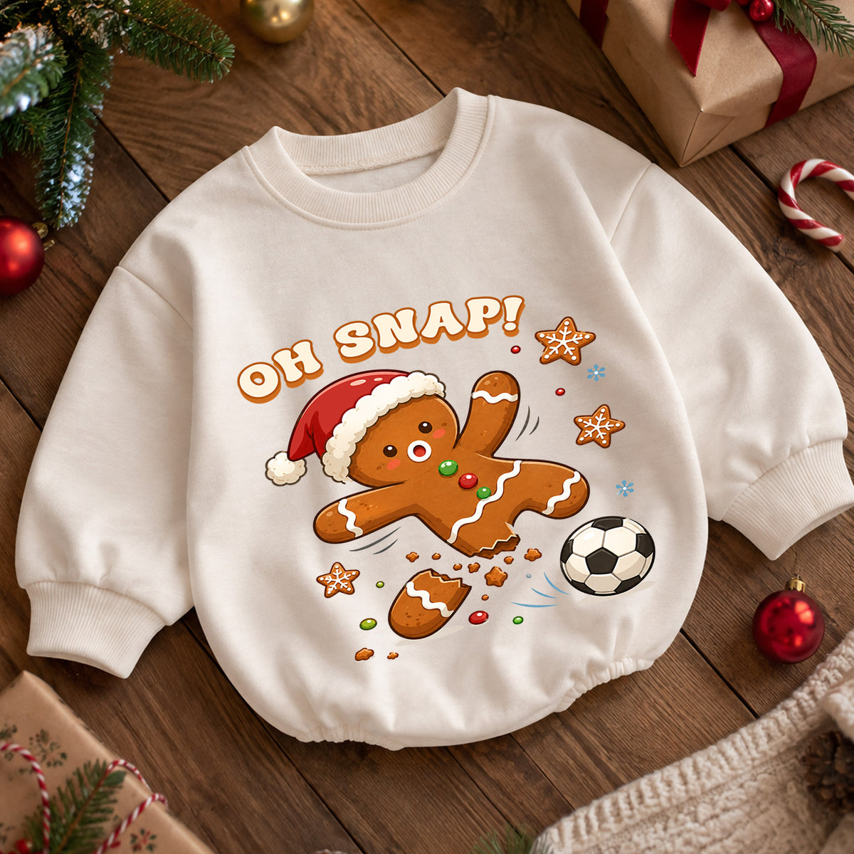 Oh Snap Soccer Christmas Baby Romper, Gingerbread Football Holiday Outfit, Funny Toddler Xmas Clothes, Christmas Gift — product view 5