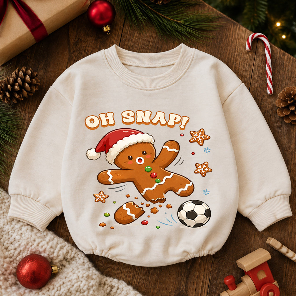 Oh Snap Soccer Christmas Baby Romper, Gingerbread Football Holiday Outfit, Funny Toddler Xmas Clothes, Christmas Gift — product view 6