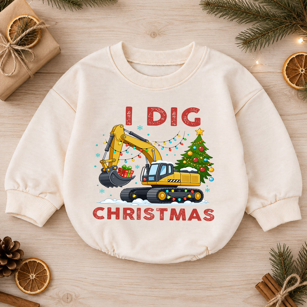 I Dig Christmas Baby Romper, Excavator Christmas Tree Outfit, Construction Toddler Romper, Cute Digger Xmas Gift — product view 1