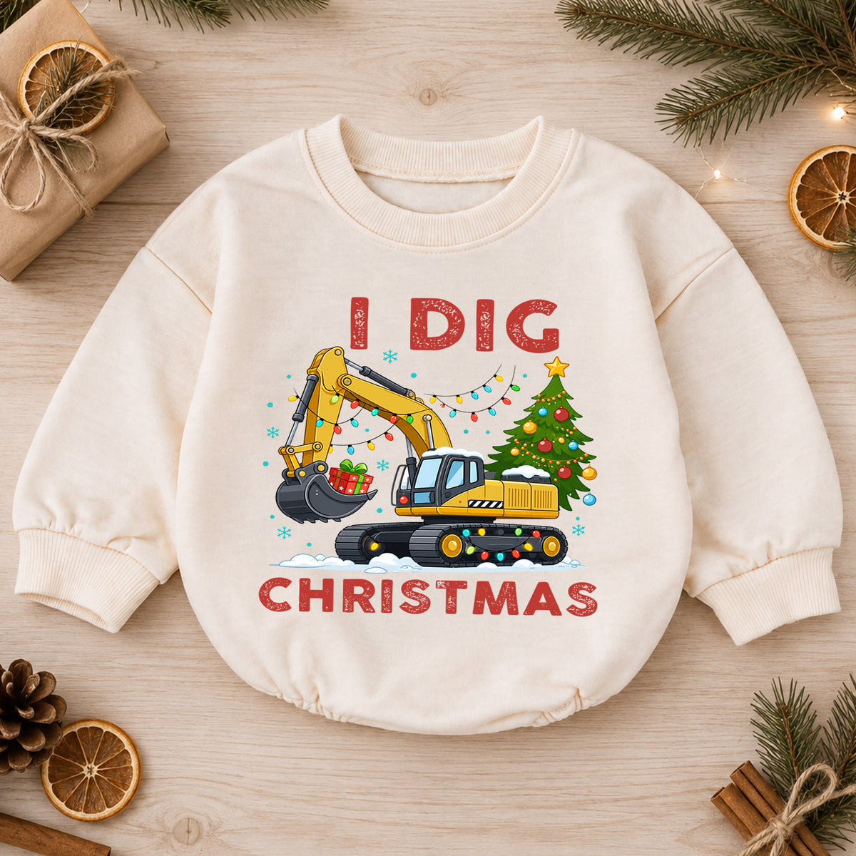 I Dig Christmas Baby Romper, Excavator Christmas Tree Outfit, Construction Toddler Romper, Cute Digger Xmas Gift — product view 1