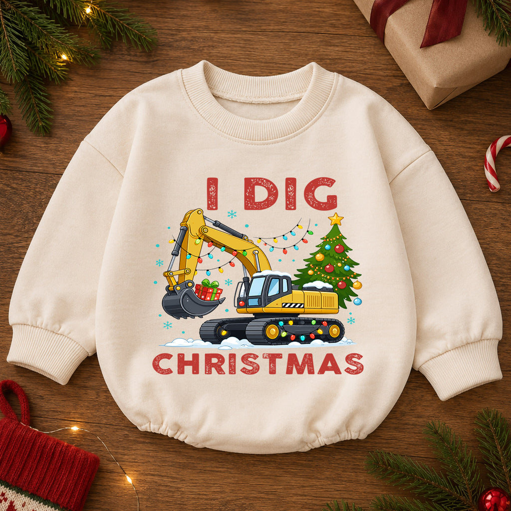I Dig Christmas Baby Romper, Excavator Christmas Tree Outfit, Construction Toddler Romper, Cute Digger Xmas Gift — product view 2