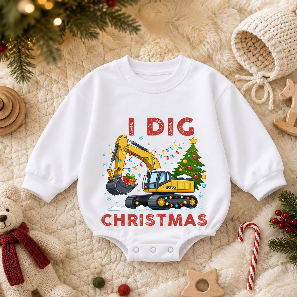 I Dig Christmas Baby Romper, Excavator Christmas Tree Outfit, Construction Toddler Romper, Cute Digger Xmas Gift — product view 3
