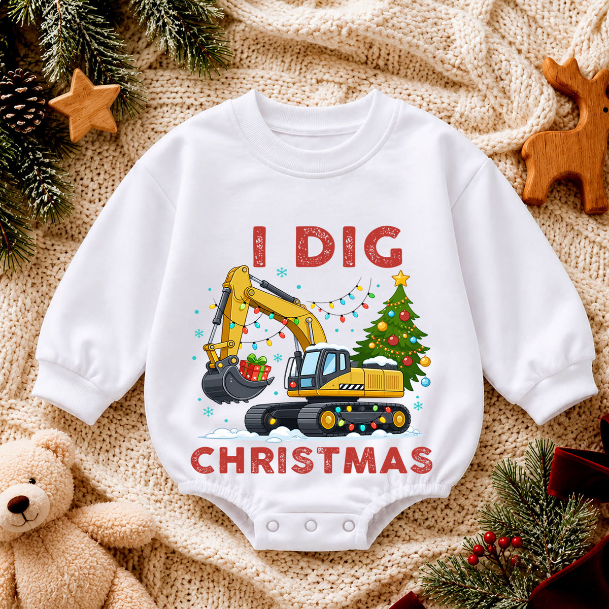 I Dig Christmas Baby Romper, Excavator Christmas Tree Outfit, Construction Toddler Romper, Cute Digger Xmas Gift — product view 4