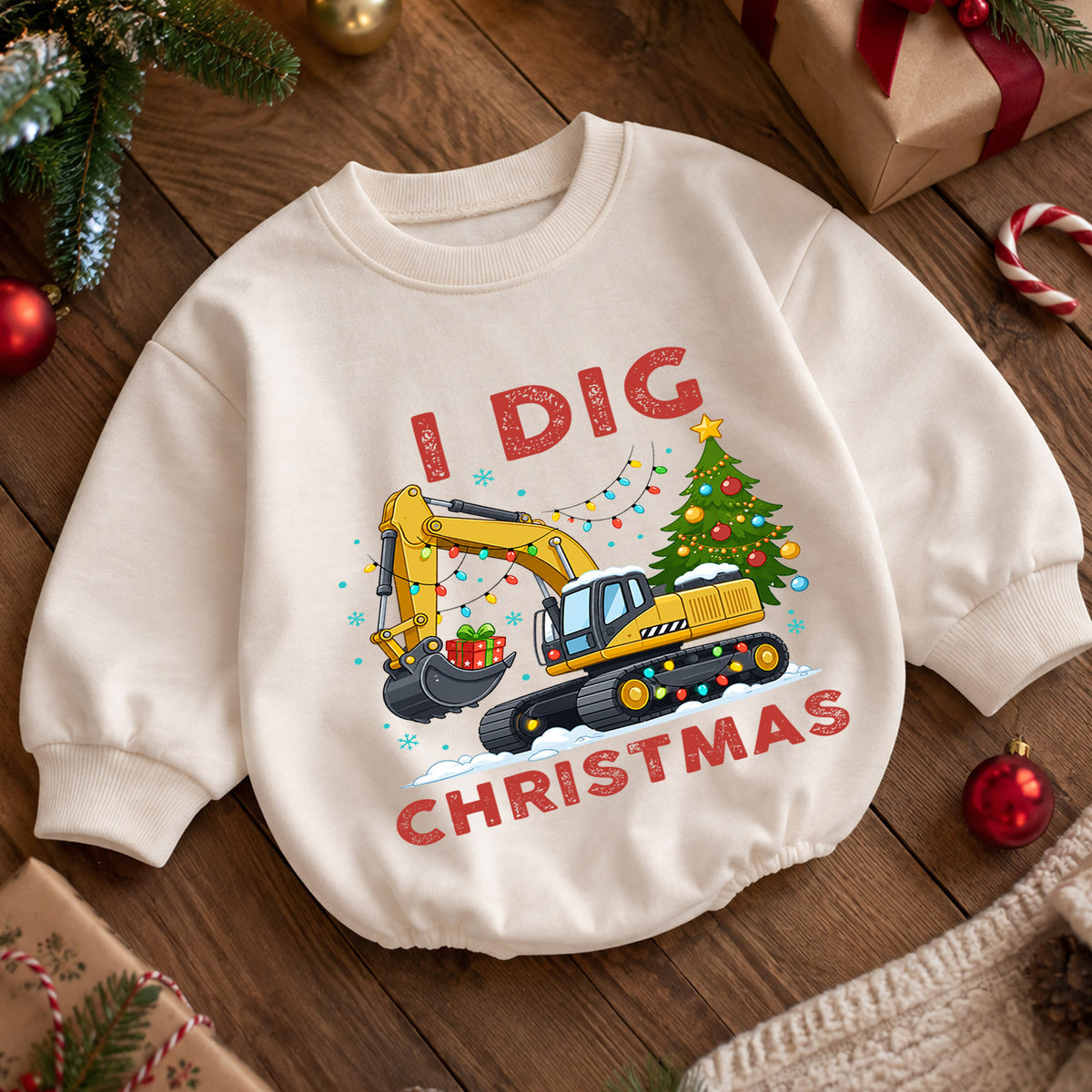 I Dig Christmas Baby Romper, Excavator Christmas Tree Outfit, Construction Toddler Romper, Cute Digger Xmas Gift — product view 5