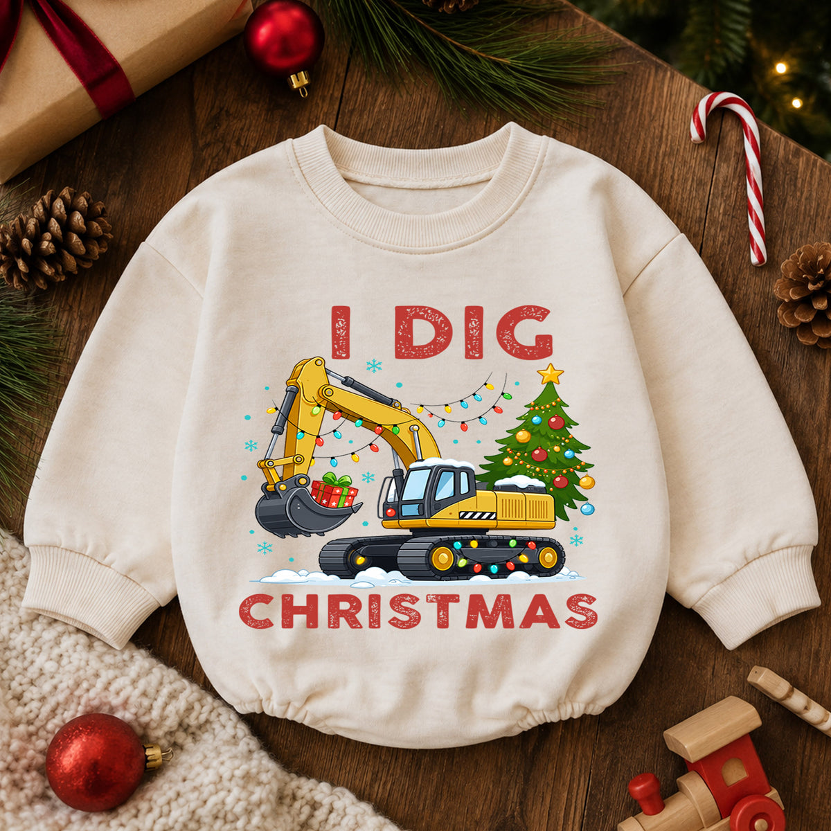I Dig Christmas Baby Romper, Excavator Christmas Tree Outfit, Construction Toddler Romper, Cute Digger Xmas Gift — product view 6