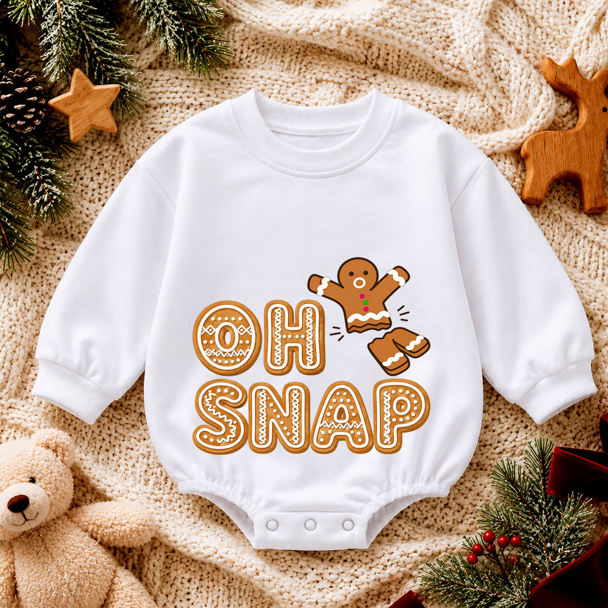 Oh Snap Gingerbread Baby Romper, Funny Christmas Cookie Outfit, Cute Holiday Romper, Toddler Xmas Gift, Baby 1st Christmas — product view 4