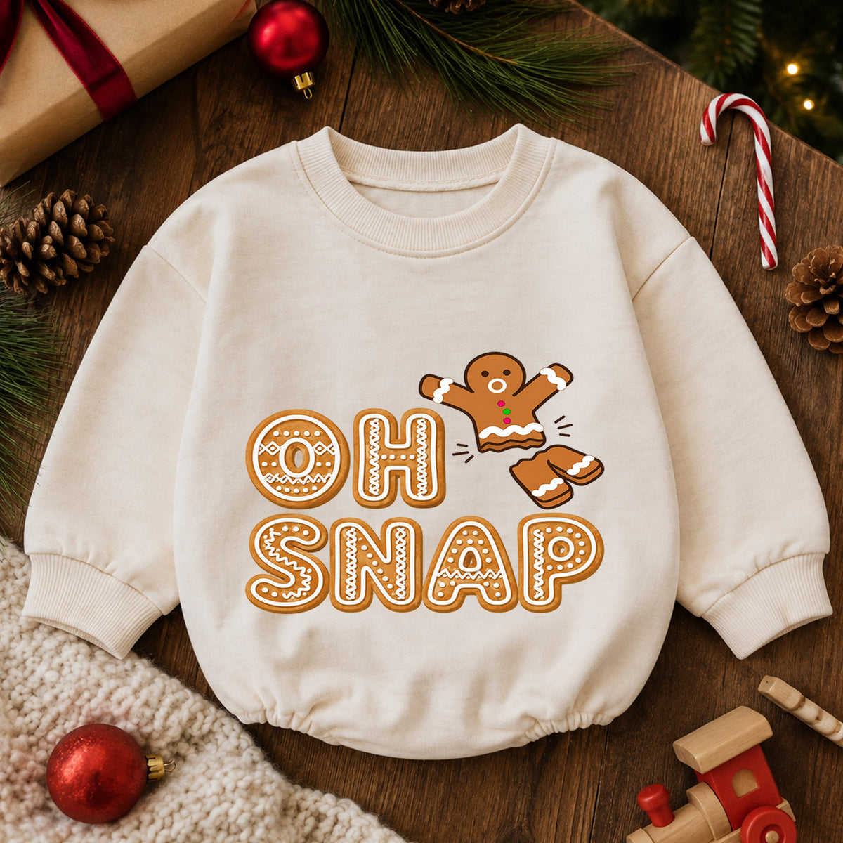 Oh Snap Gingerbread Baby Romper, Funny Christmas Cookie Outfit, Cute Holiday Romper, Toddler Xmas Gift, Baby 1st Christmas — product view 6