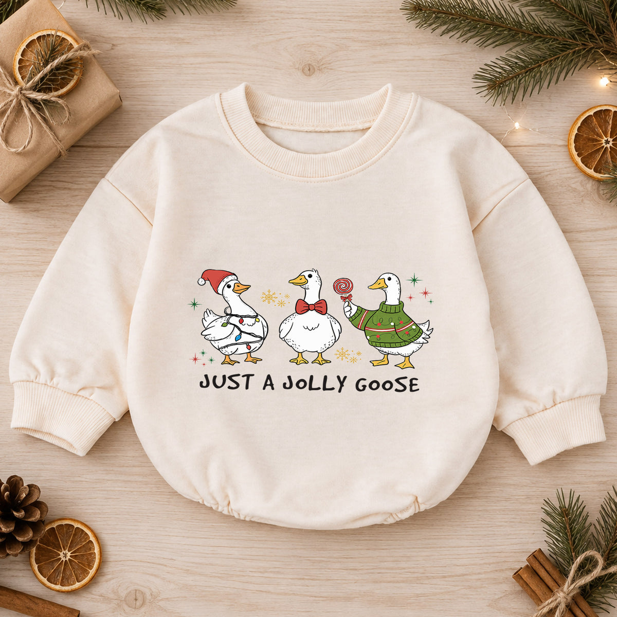 Just a Jolly Goose Baby Romper, Funny Christmas Goose Outfit, Baby 1st Christmas Keepsake, Farm Theme 1st Birthday Gift — product view 1