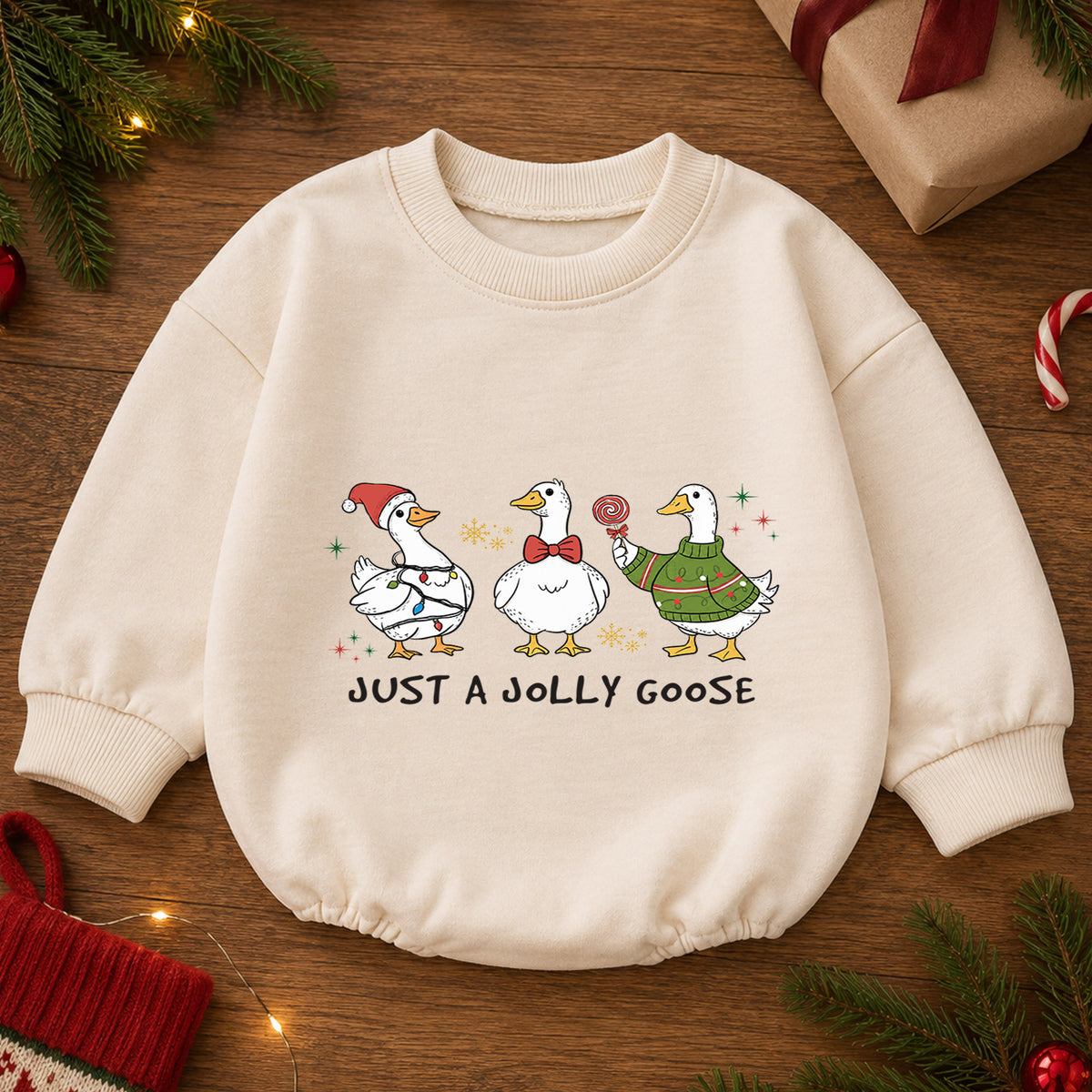 Just a Jolly Goose Baby Romper, Funny Christmas Goose Outfit, Baby 1st Christmas Keepsake, Farm Theme 1st Birthday Gift — product view 2