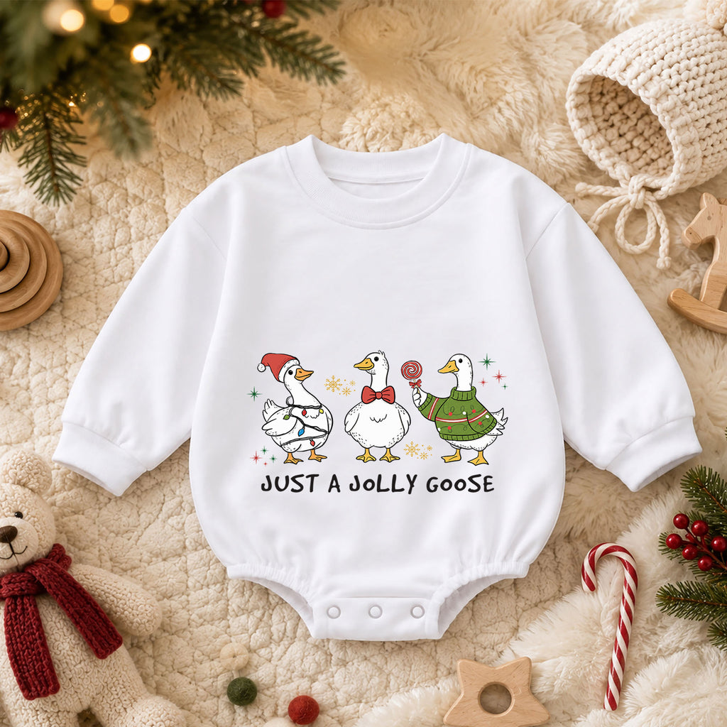 Just a Jolly Goose Baby Romper, Funny Christmas Goose Outfit, Baby 1st Christmas Keepsake, Farm Theme 1st Birthday Gift — product view 3