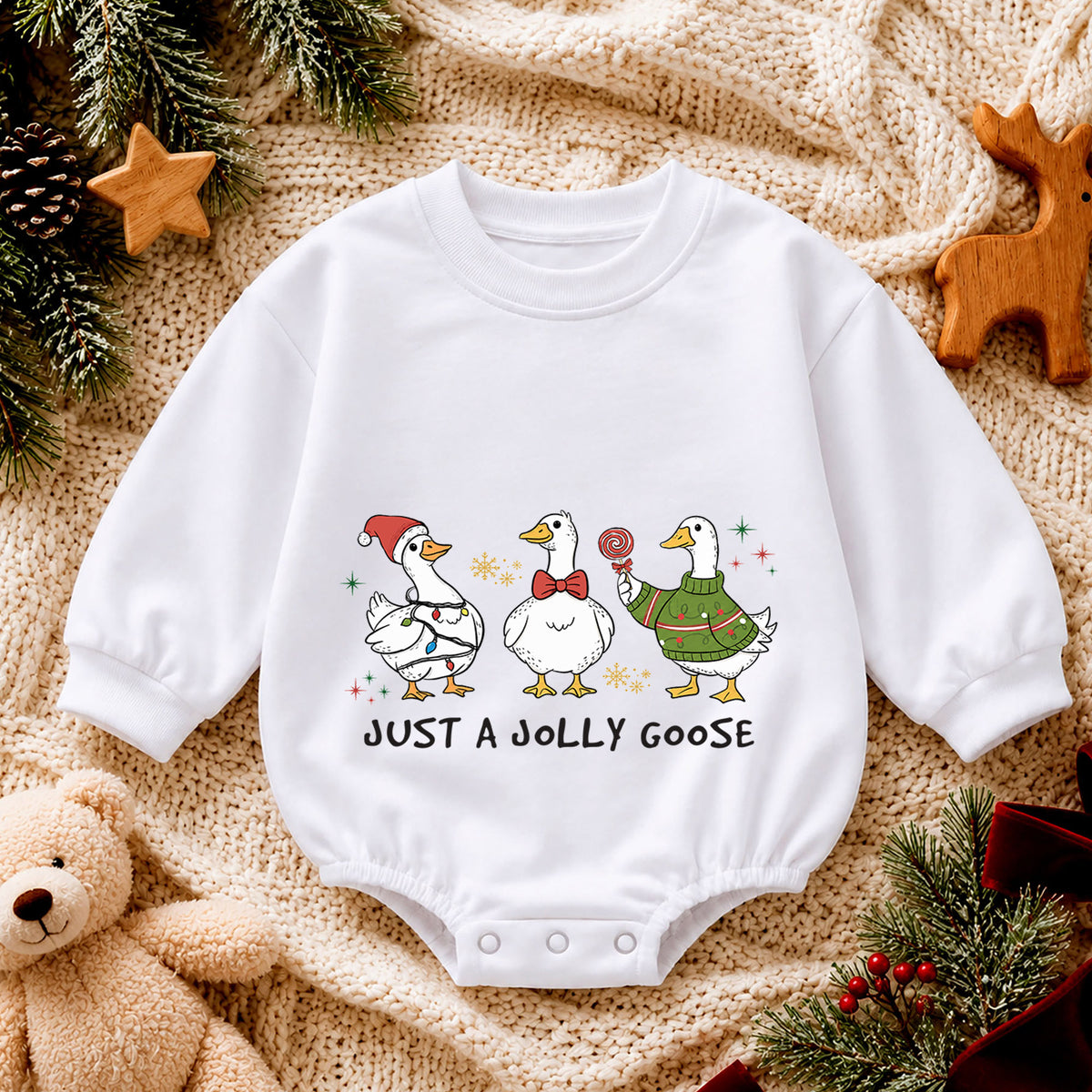 Just a Jolly Goose Baby Romper, Funny Christmas Goose Outfit, Baby 1st Christmas Keepsake, Farm Theme 1st Birthday Gift — product view 4