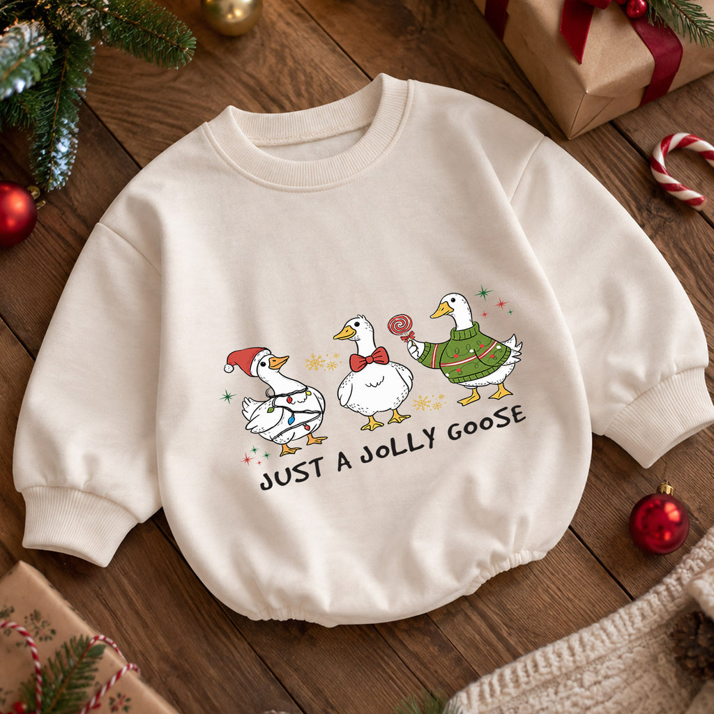 Just a Jolly Goose Baby Romper, Funny Christmas Goose Outfit, Baby 1st Christmas Keepsake, Farm Theme 1st Birthday Gift — product view 5