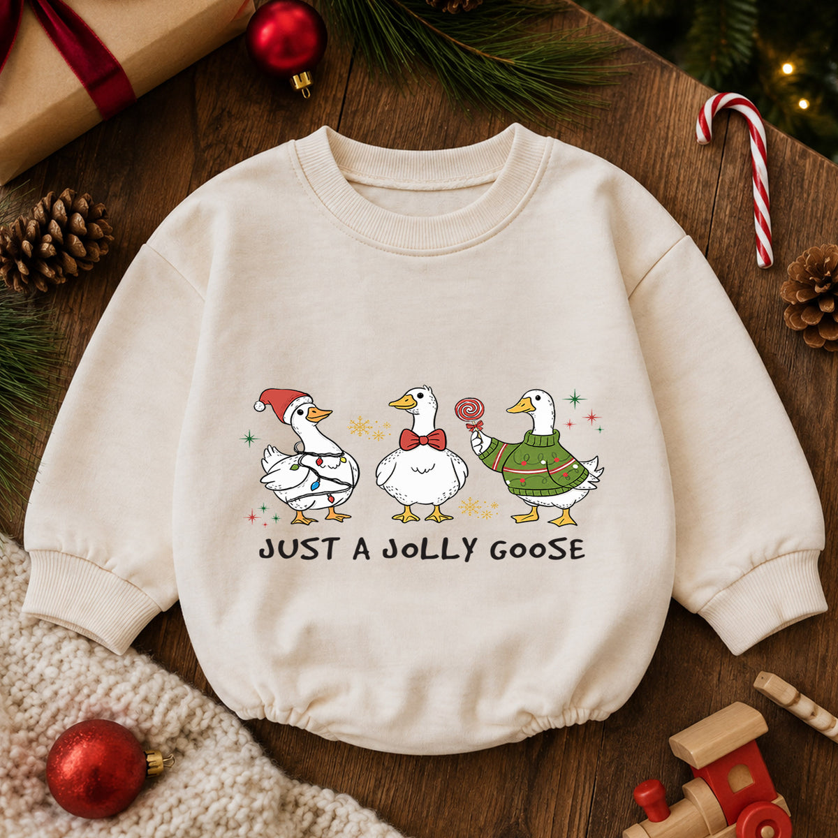 Just a Jolly Goose Baby Romper, Funny Christmas Goose Outfit, Baby 1st Christmas Keepsake, Farm Theme 1st Birthday Gift — product view 6