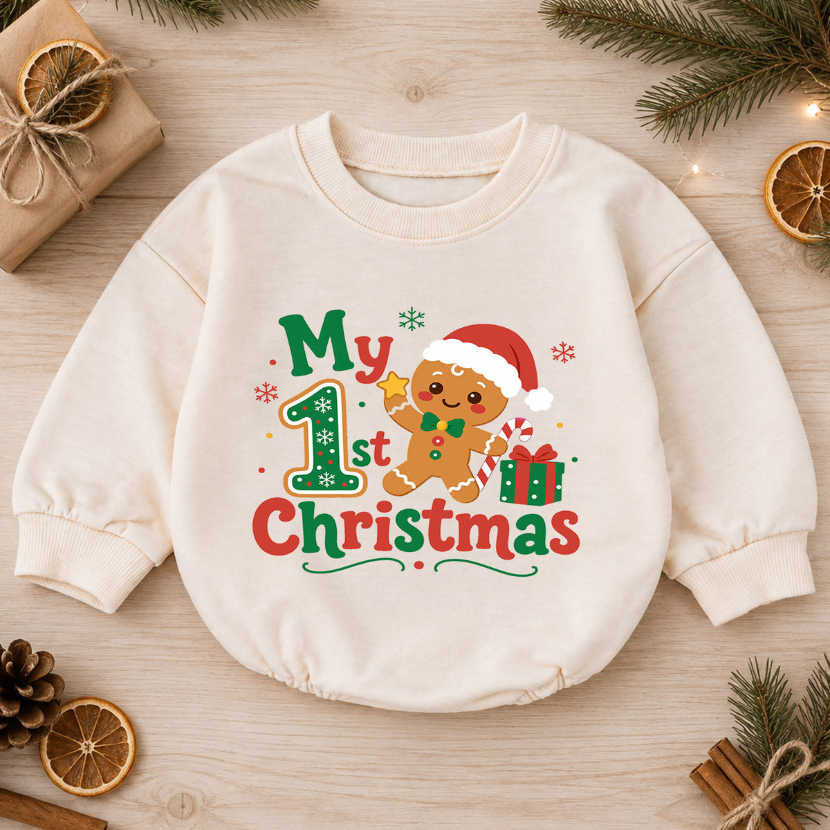 Baby 1st Christmas Romper, My First Christmas Gingerbread Outfit, Cute Holiday Romper, Toddler Xmas Gift, 1st Birthday — product view 1