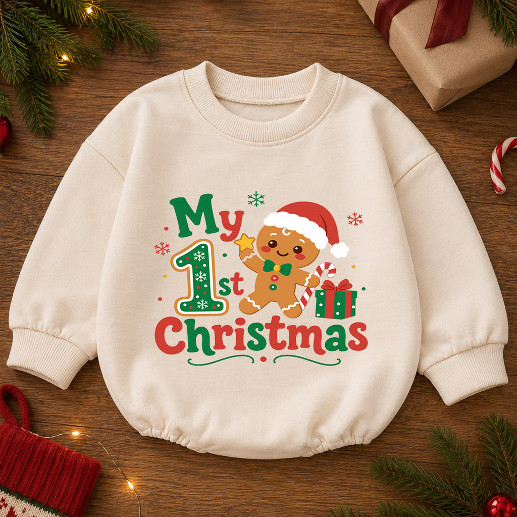 Baby 1st Christmas Romper, My First Christmas Gingerbread Outfit, Cute Holiday Romper, Toddler Xmas Gift, 1st Birthday — product view 2
