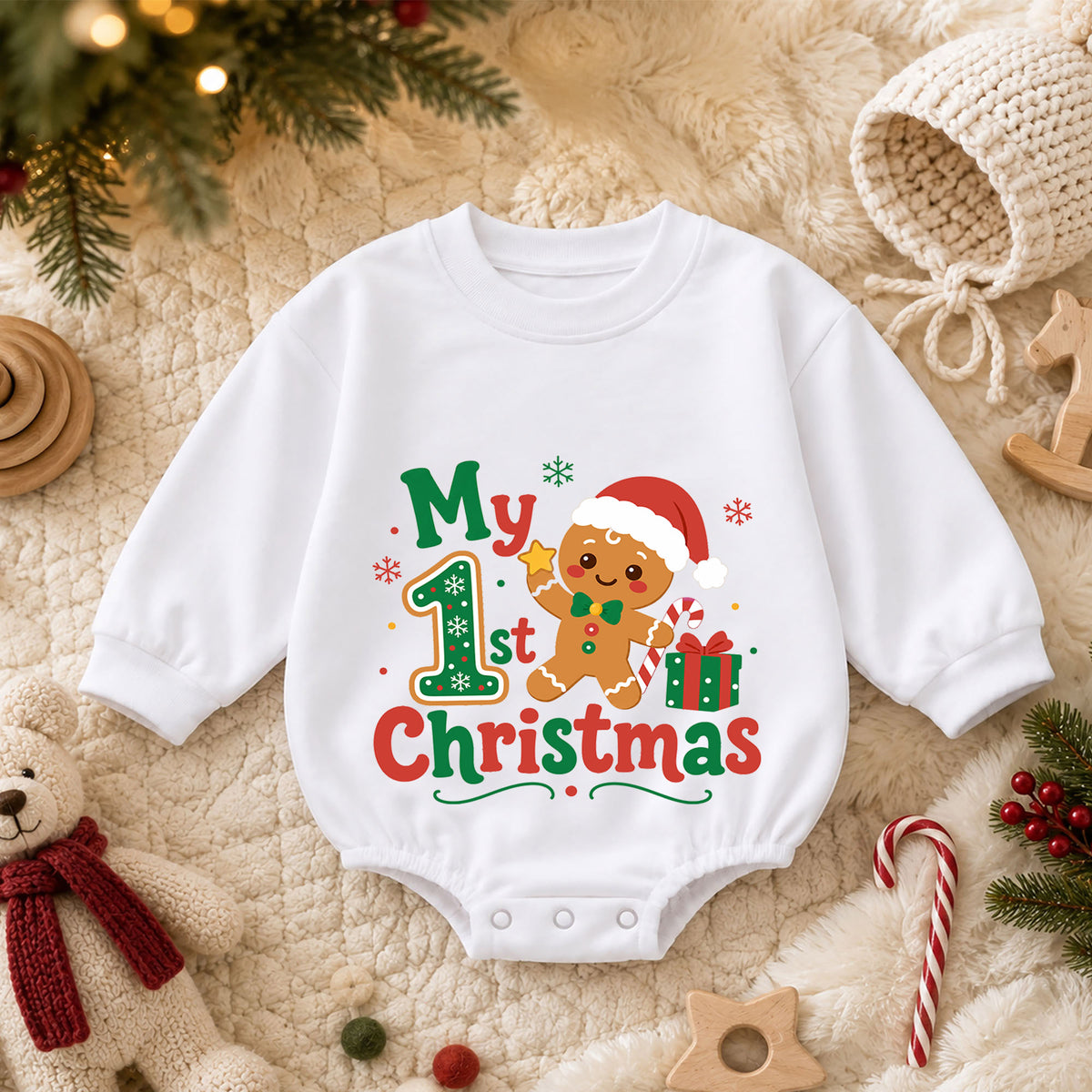 Baby 1st Christmas Romper, My First Christmas Gingerbread Outfit, Cute Holiday Romper, Toddler Xmas Gift, 1st Birthday — product view 3