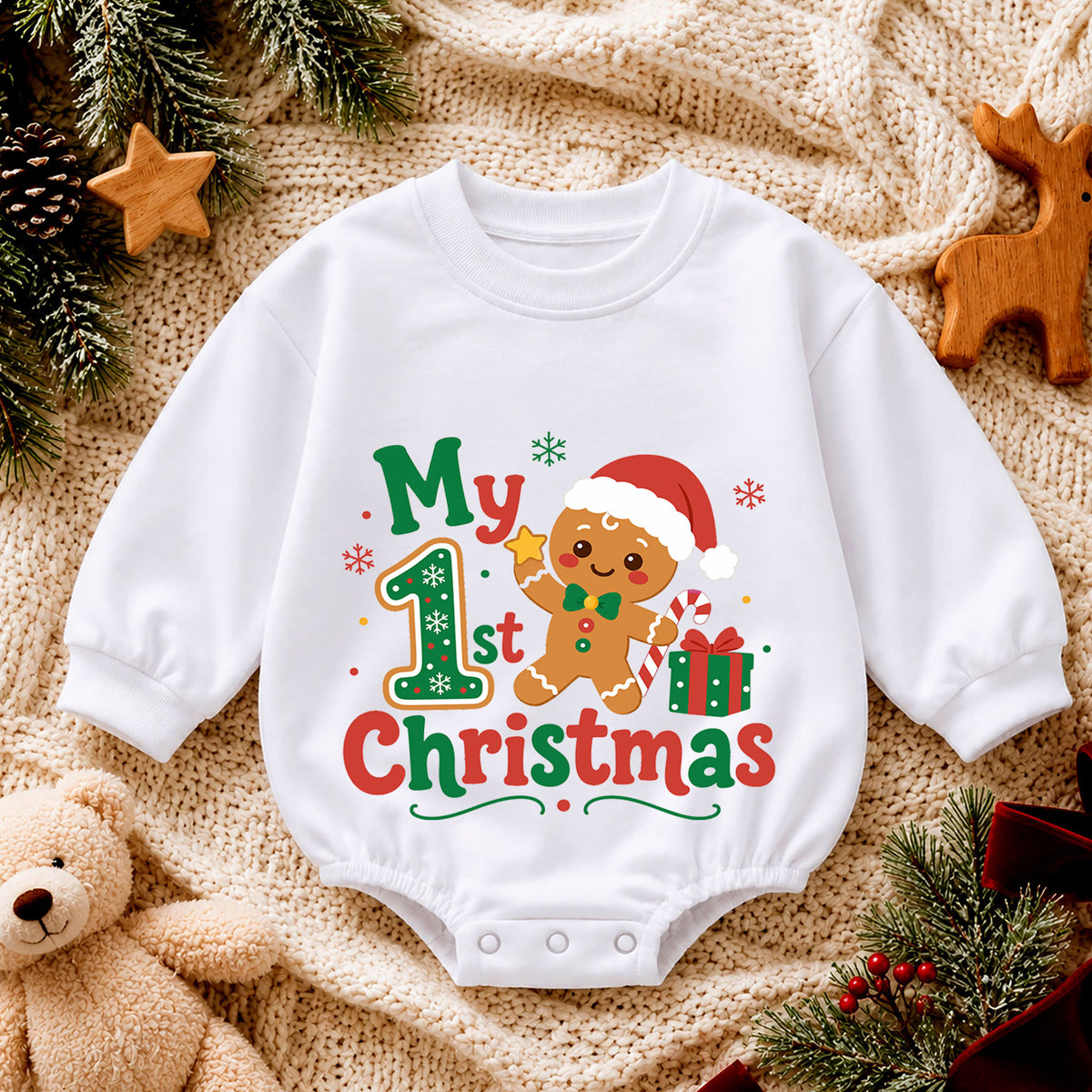 Baby 1st Christmas Romper, My First Christmas Gingerbread Outfit, Cute Holiday Romper, Toddler Xmas Gift, 1st Birthday — product view 4