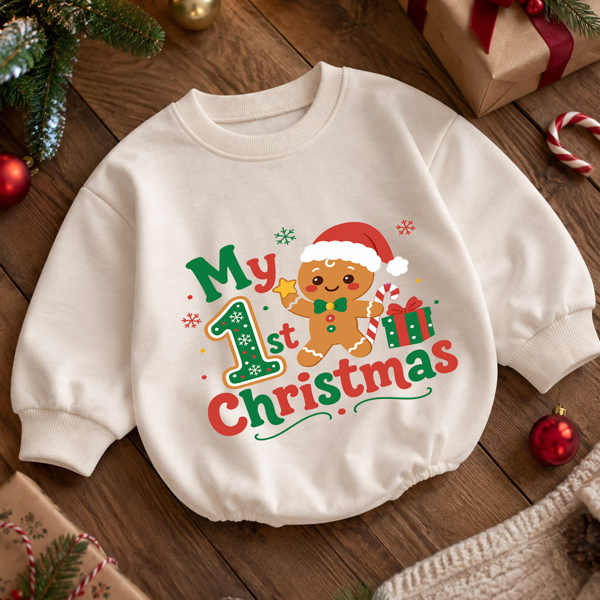 Baby 1st Christmas Romper, My First Christmas Gingerbread Outfit, Cute Holiday Romper, Toddler Xmas Gift, 1st Birthday — product view 5