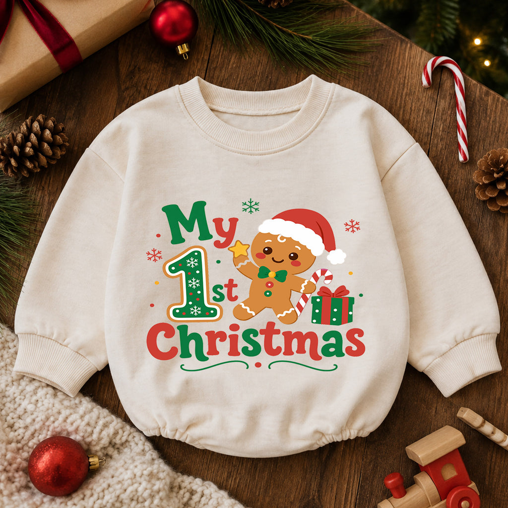 Baby 1st Christmas Romper, My First Christmas Gingerbread Outfit, Cute Holiday Romper, Toddler Xmas Gift, 1st Birthday — product view 6