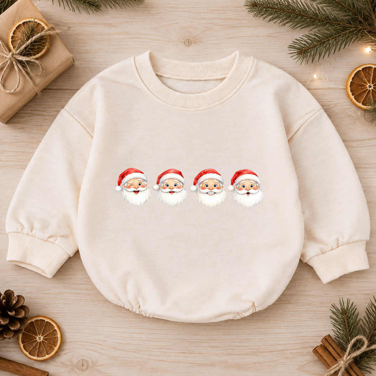 Santa Faces Christmas Baby Romper, Cute Santa Holiday Outfit, Baby First Christmas Clothes, Toddler Xmas Gift — product view 1
